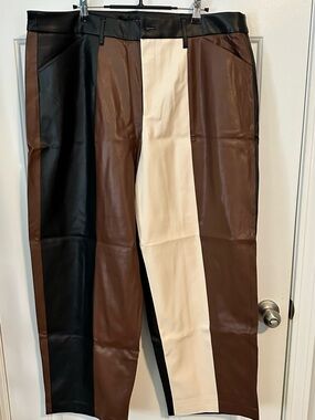 Eloquii Black, Brown & Cream Colorblock Faux Leather Trim Pants
